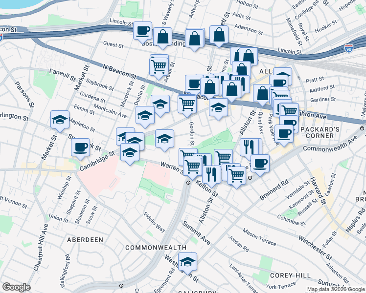 map of restaurants, bars, coffee shops, grocery stores, and more near 59 Gordon Street in Boston