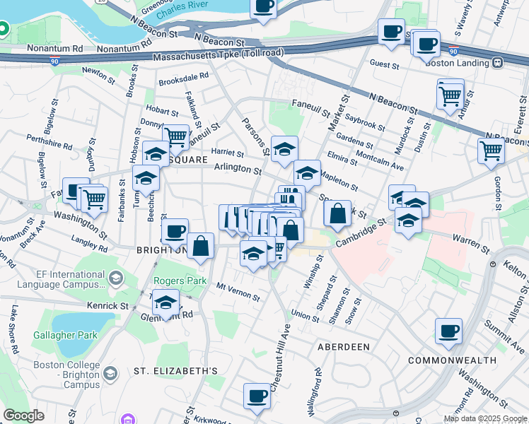 map of restaurants, bars, coffee shops, grocery stores, and more near 55 Leicester Street in Boston