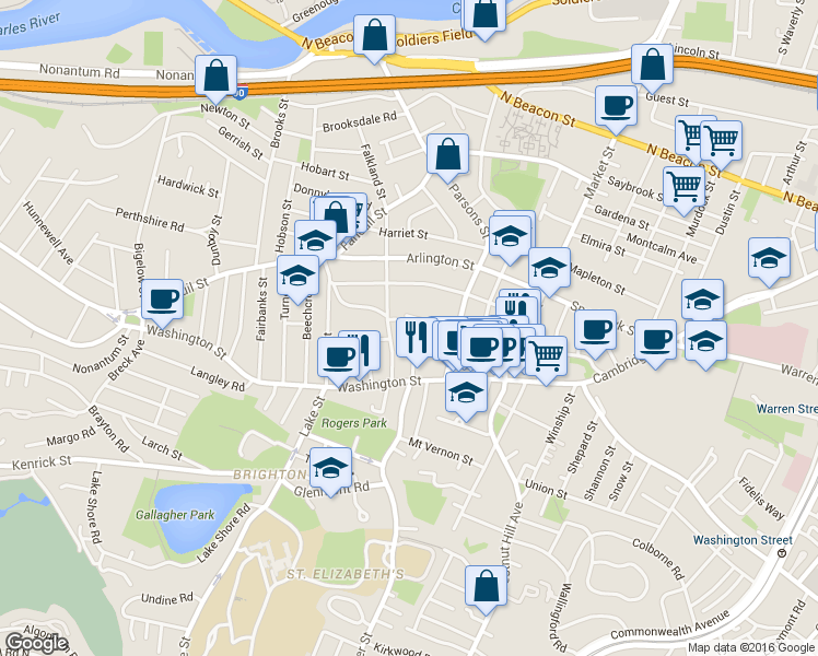 map of restaurants, bars, coffee shops, grocery stores, and more near 87 Surrey Street in Boston