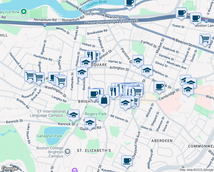 map of restaurants, bars, coffee shops, grocery stores, and more near 87 Surrey Street in Boston