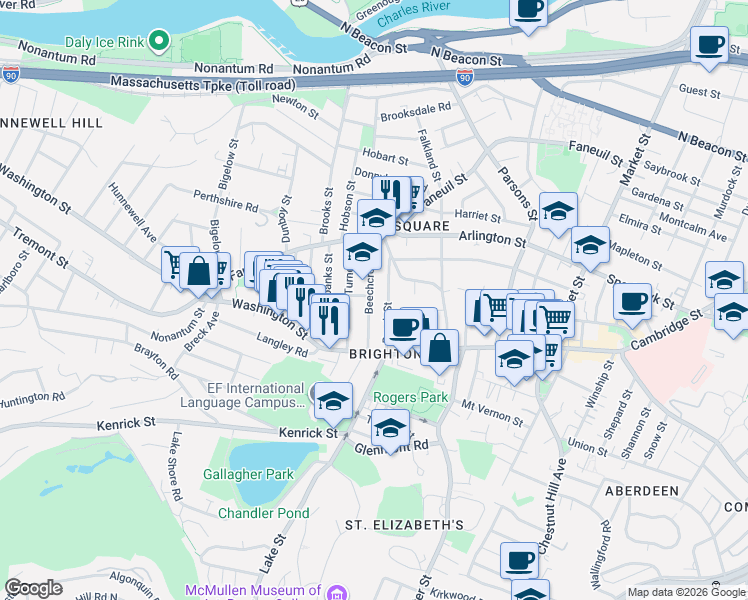 map of restaurants, bars, coffee shops, grocery stores, and more near 50 Beechcroft Street in Boston