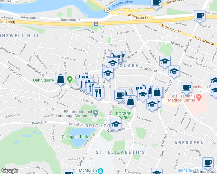 map of restaurants, bars, coffee shops, grocery stores, and more near 50 Beechcroft Street in Boston