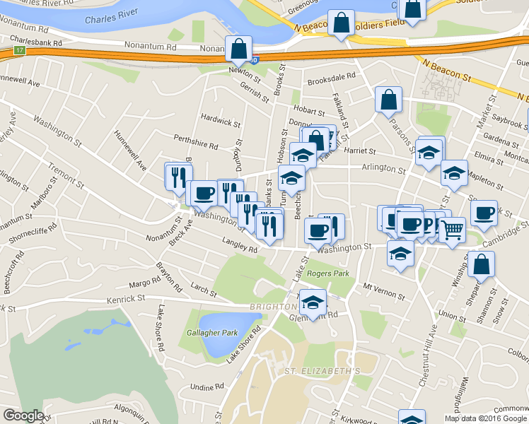 map of restaurants, bars, coffee shops, grocery stores, and more near 52 Fairbanks Street in Boston
