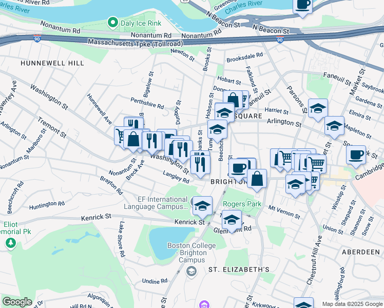 map of restaurants, bars, coffee shops, grocery stores, and more near 52 Fairbanks Street in Boston