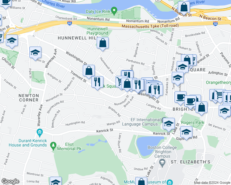 map of restaurants, bars, coffee shops, grocery stores, and more near 11 Tip Top Street in Boston