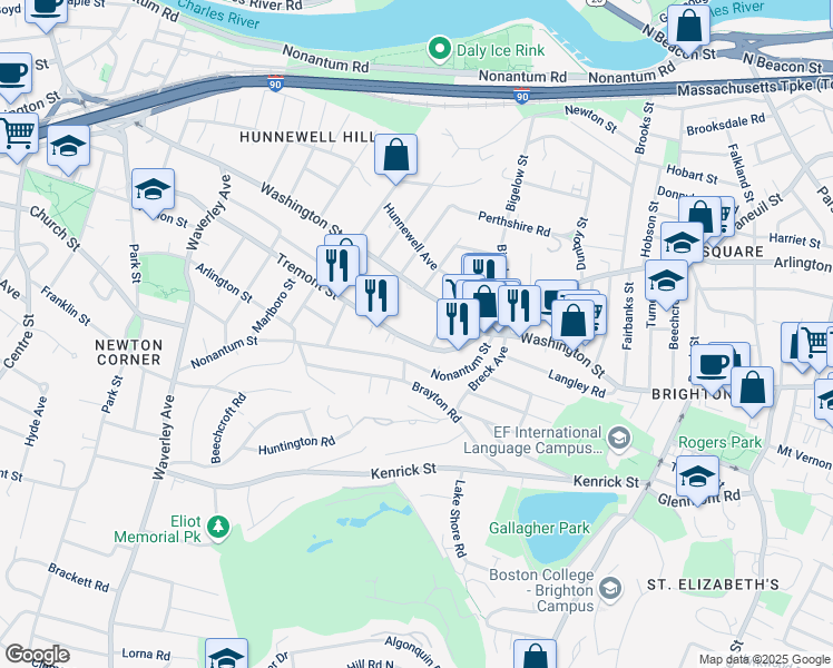 map of restaurants, bars, coffee shops, grocery stores, and more near 11 Tip Top Street in Boston