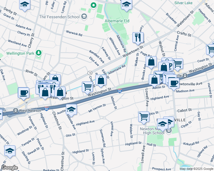 map of restaurants, bars, coffee shops, grocery stores, and more near 50 Parsons Street in Newton