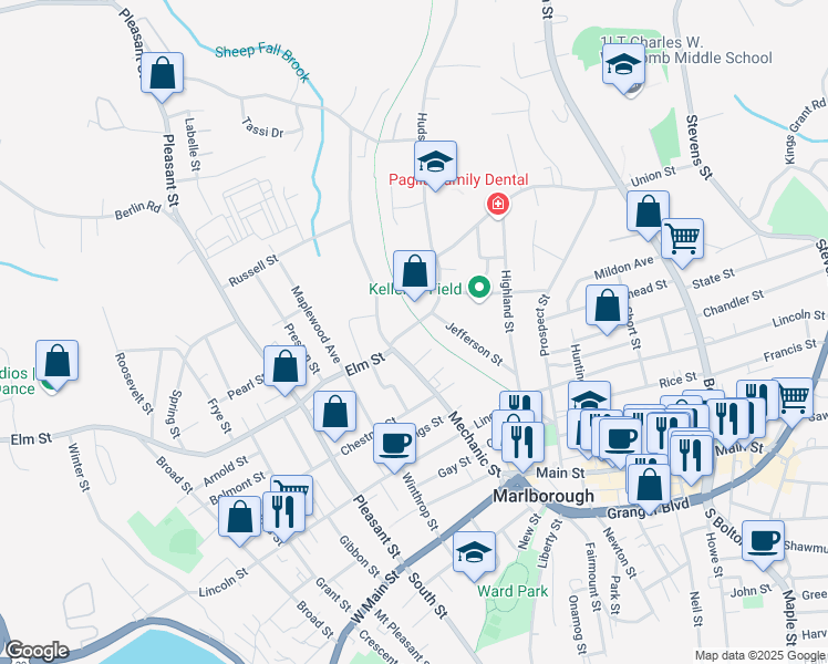 map of restaurants, bars, coffee shops, grocery stores, and more near 24 Hudson Street in Marlborough