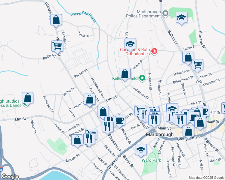 map of restaurants, bars, coffee shops, grocery stores, and more near 188 Mechanic Street in Marlborough