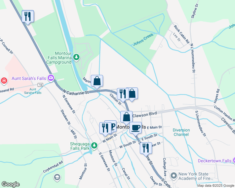 map of restaurants, bars, coffee shops, grocery stores, and more near 123 Ayers Street in Montour Falls