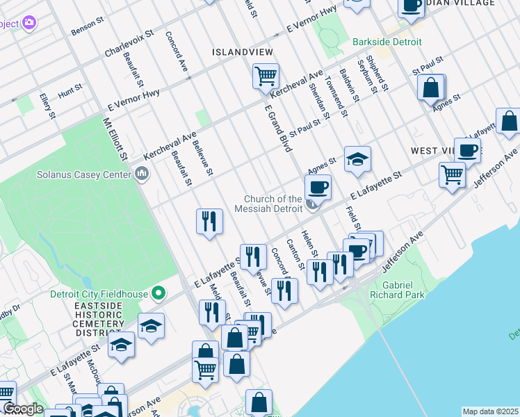 map of restaurants, bars, coffee shops, grocery stores, and more near 1246 Canton Street in Detroit