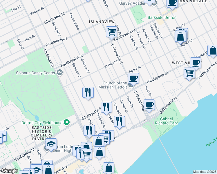 map of restaurants, bars, coffee shops, grocery stores, and more near 1157 Concord Avenue in Detroit