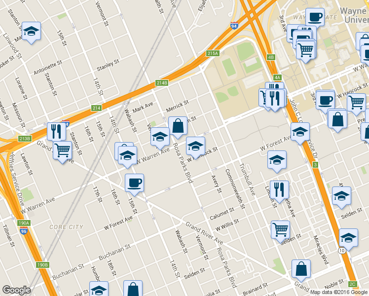 map of restaurants, bars, coffee shops, grocery stores, and more near 1751 West Warren Avenue in Detroit