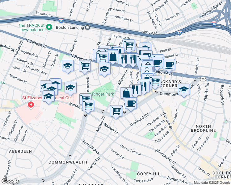 map of restaurants, bars, coffee shops, grocery stores, and more near 68 Allston Street in Boston