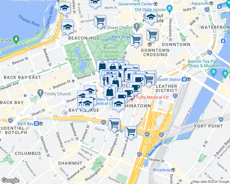 map of restaurants, bars, coffee shops, grocery stores, and more near 244 Tremont Street in Boston