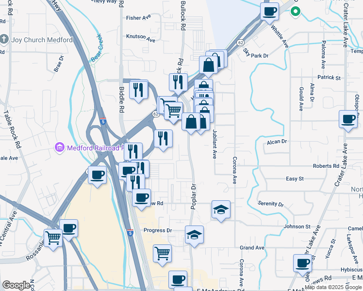 map of restaurants, bars, coffee shops, grocery stores, and more near 2300 Poplar Drive in Medford