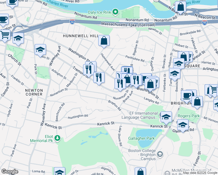 map of restaurants, bars, coffee shops, grocery stores, and more near 11 Tip Top Street in Boston