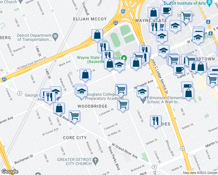 map of restaurants, bars, coffee shops, grocery stores, and more near W Hancock St & Commonwealth St in Detroit