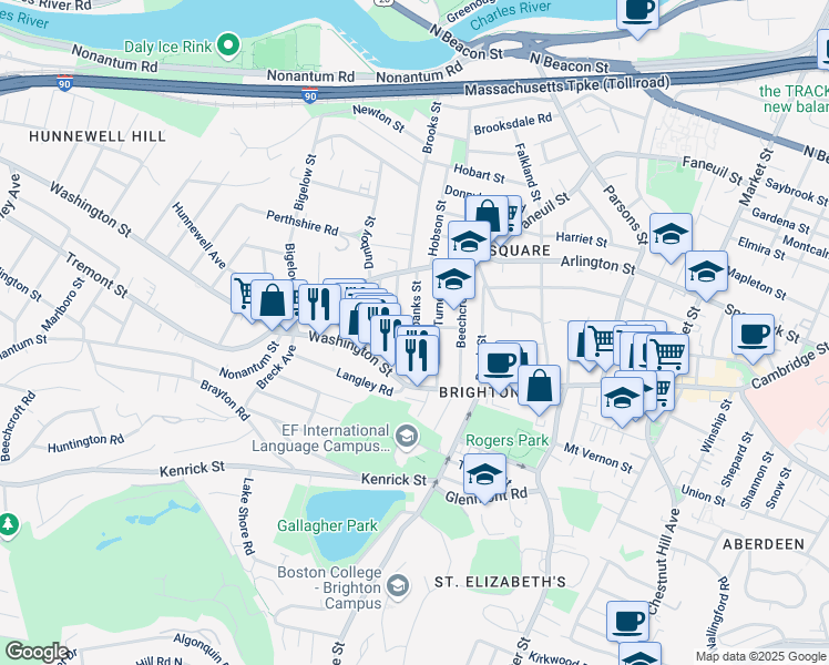 map of restaurants, bars, coffee shops, grocery stores, and more near 52 Fairbanks Street in Boston