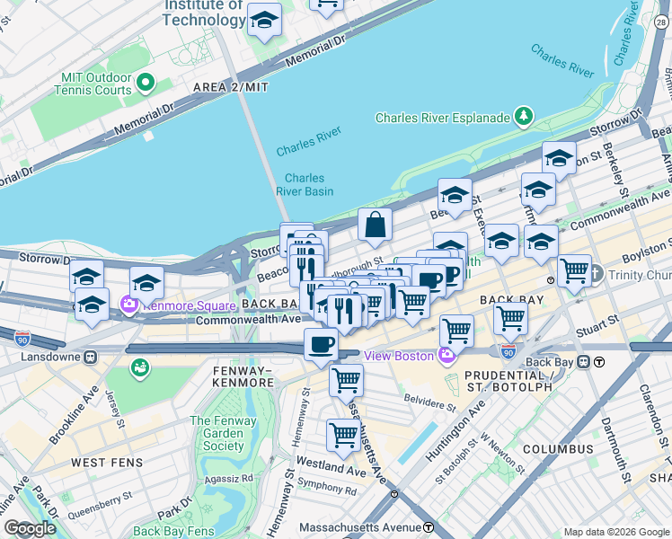 map of restaurants, bars, coffee shops, grocery stores, and more near 457 Beacon Street in Boston