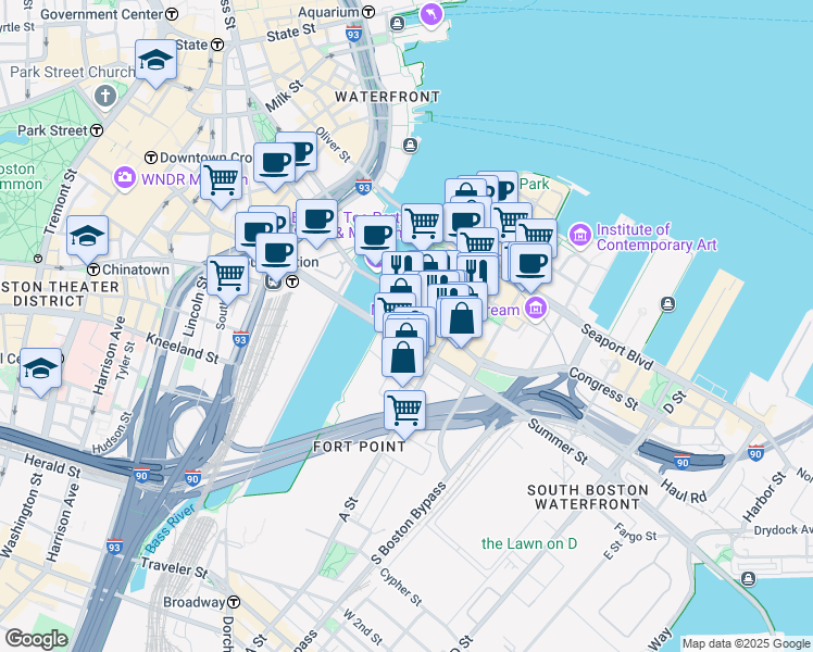 map of restaurants, bars, coffee shops, grocery stores, and more near 305 Congress Street in Boston