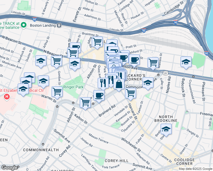 map of restaurants, bars, coffee shops, grocery stores, and more near 10-14 Park Vale Avenue in Boston