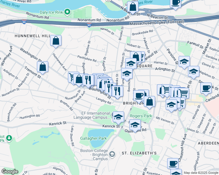 map of restaurants, bars, coffee shops, grocery stores, and more near 25-27 Montfern Avenue in Boston