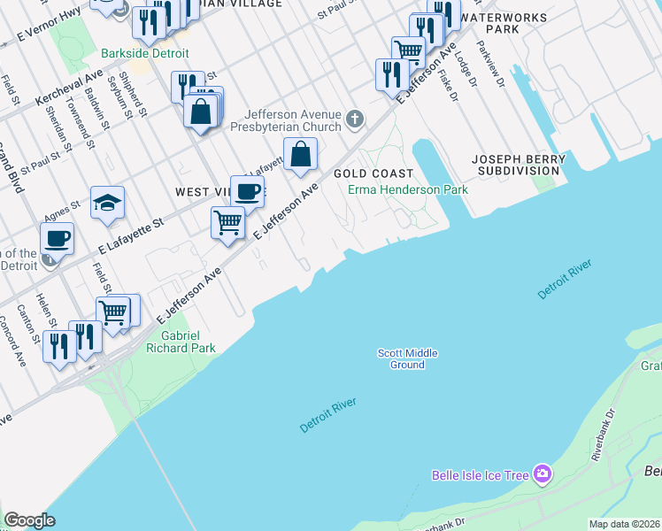 map of restaurants, bars, coffee shops, grocery stores, and more near 8330 East Jefferson Avenue in Detroit