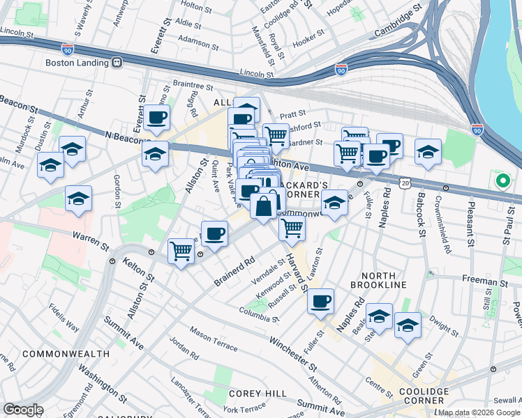 map of restaurants, bars, coffee shops, grocery stores, and more near 1245 Commonwealth Avenue in Boston