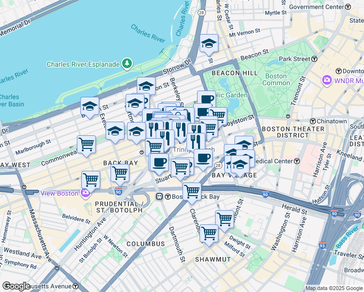 map of restaurants, bars, coffee shops, grocery stores, and more near 500 Boylston Street in Boston
