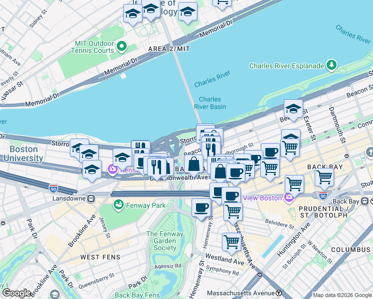 map of restaurants, bars, coffee shops, grocery stores, and more near 534 Beacon Street in Boston