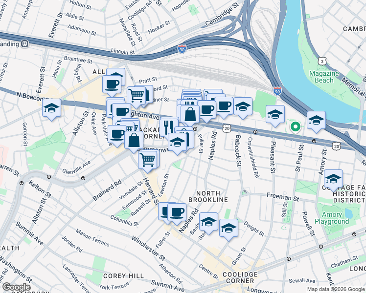 map of restaurants, bars, coffee shops, grocery stores, and more near 1139 Commonwealth Avenue in Boston