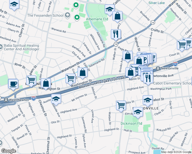 map of restaurants, bars, coffee shops, grocery stores, and more near 74 Eddy Street in Newton