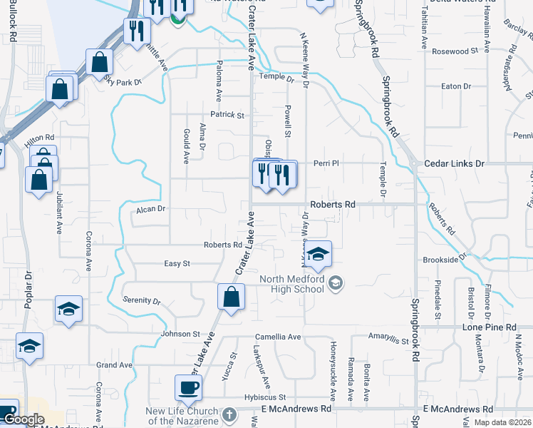 map of restaurants, bars, coffee shops, grocery stores, and more near 2043 Roberts Road in Medford