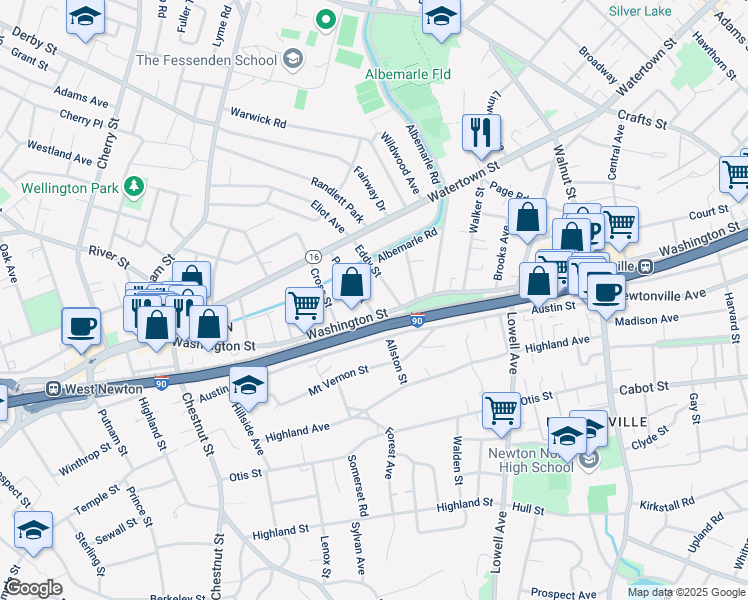 map of restaurants, bars, coffee shops, grocery stores, and more near 50 Parsons Street in Newton