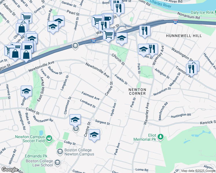 map of restaurants, bars, coffee shops, grocery stores, and more near 10 Bennington Street in Newton