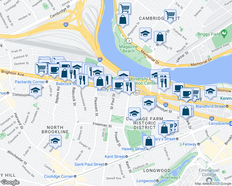 map of restaurants, bars, coffee shops, grocery stores, and more near 890 Commonwealth Avenue in Boston