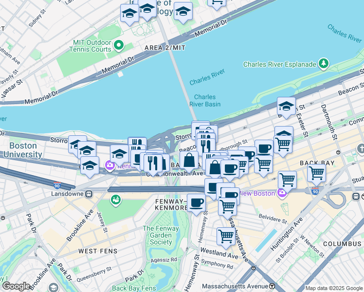 map of restaurants, bars, coffee shops, grocery stores, and more near 526 Beacon Street in Boston