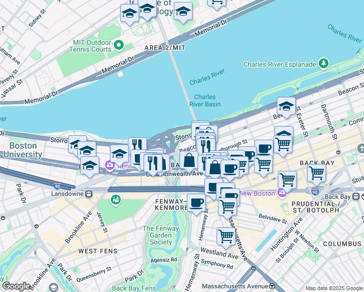 map of restaurants, bars, coffee shops, grocery stores, and more near 526 Beacon Street in Boston