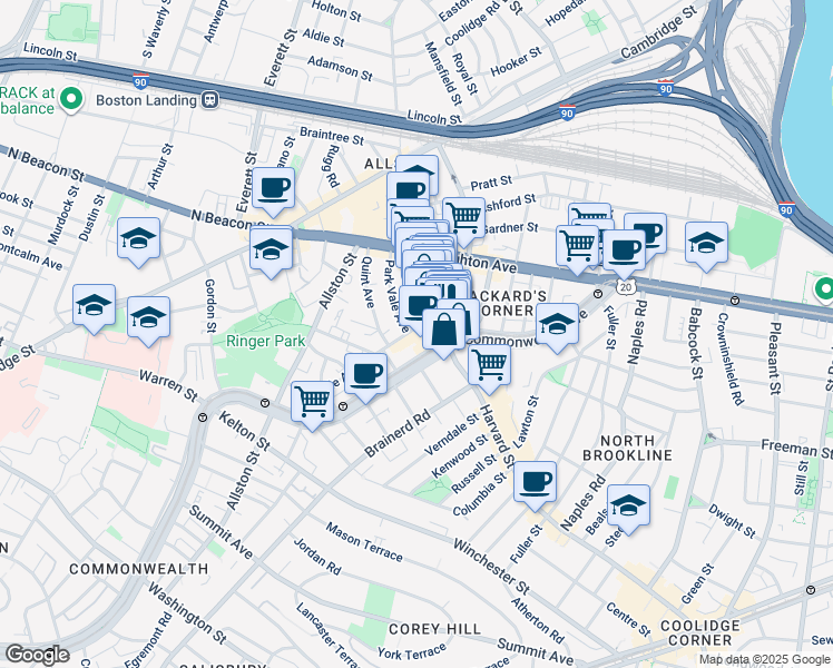 map of restaurants, bars, coffee shops, grocery stores, and more near 1245 Commonwealth Avenue in Boston