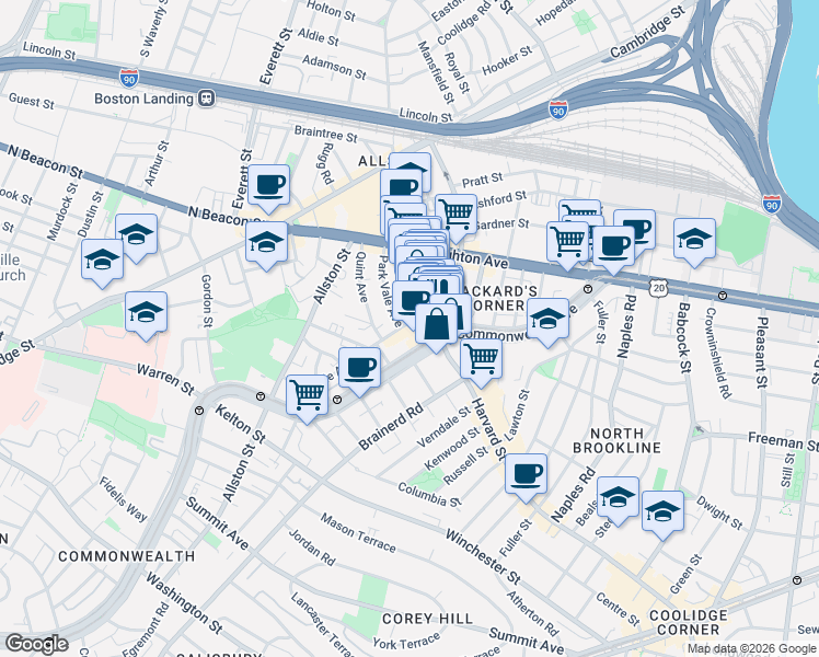 map of restaurants, bars, coffee shops, grocery stores, and more near 16 Glenville Avenue in Boston