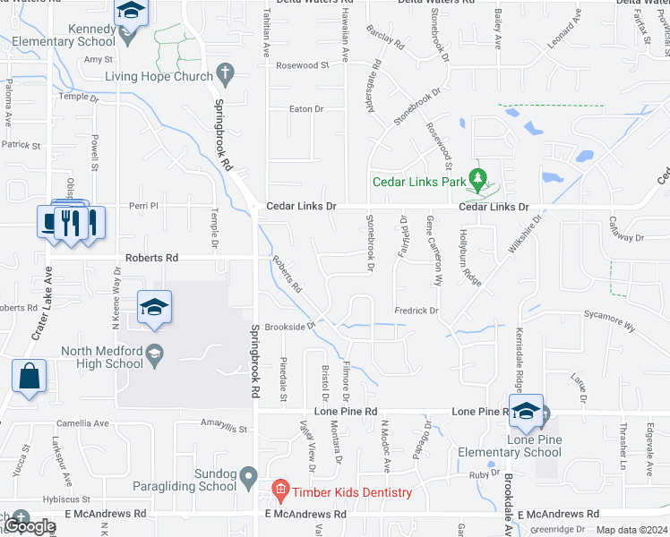 map of restaurants, bars, coffee shops, grocery stores, and more near 2721 Brookside Drive in Medford