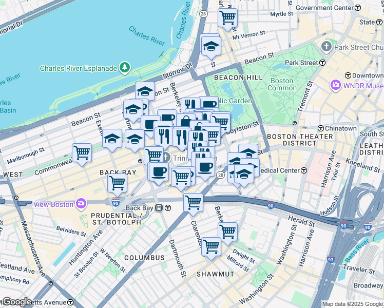 map of restaurants, bars, coffee shops, grocery stores, and more near 426 Boylston Street in Boston