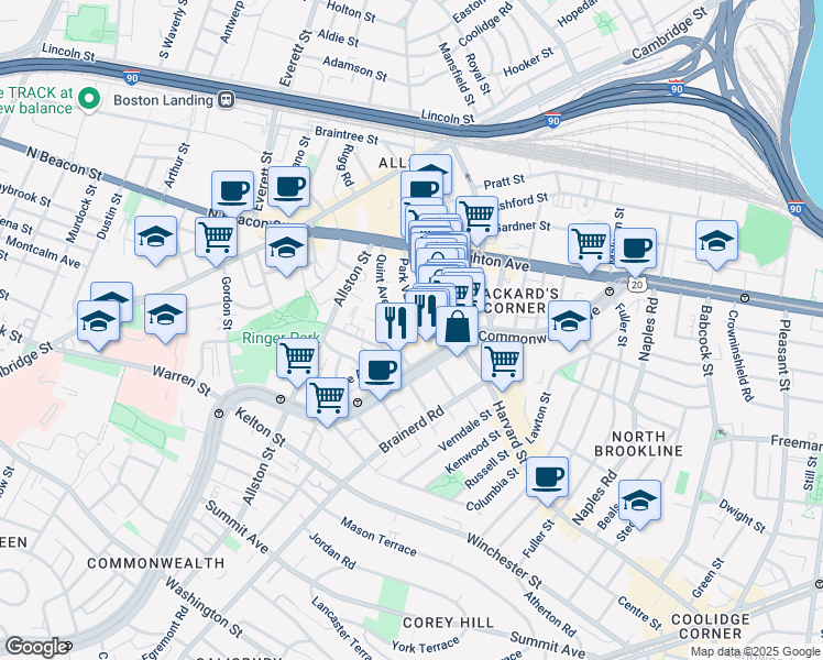 map of restaurants, bars, coffee shops, grocery stores, and more near 10-14 Park Vale Avenue in Boston