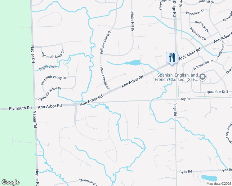 map of restaurants, bars, coffee shops, grocery stores, and more near 50325 Ann Arbor Road in Plymouth Charter Township