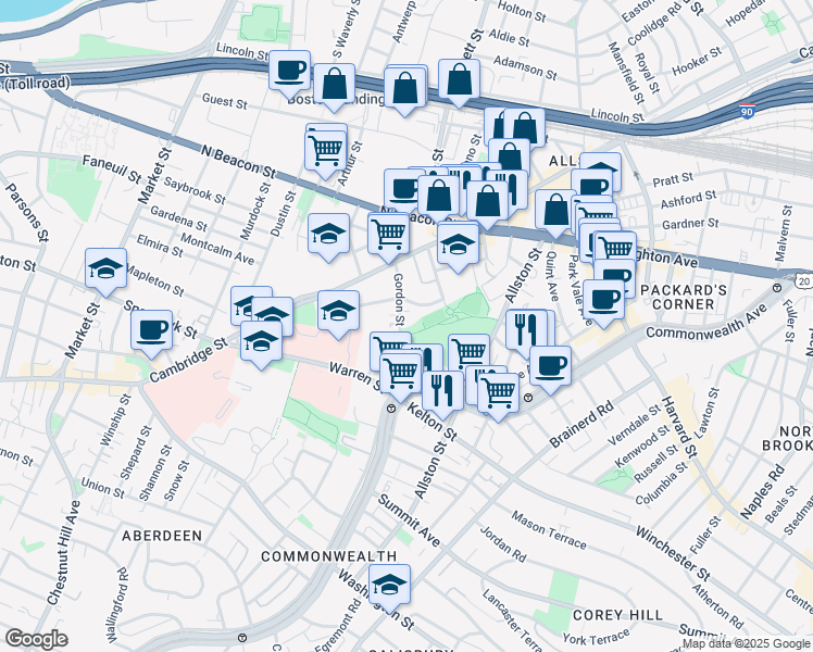 map of restaurants, bars, coffee shops, grocery stores, and more near 59 Gordon Street in Boston