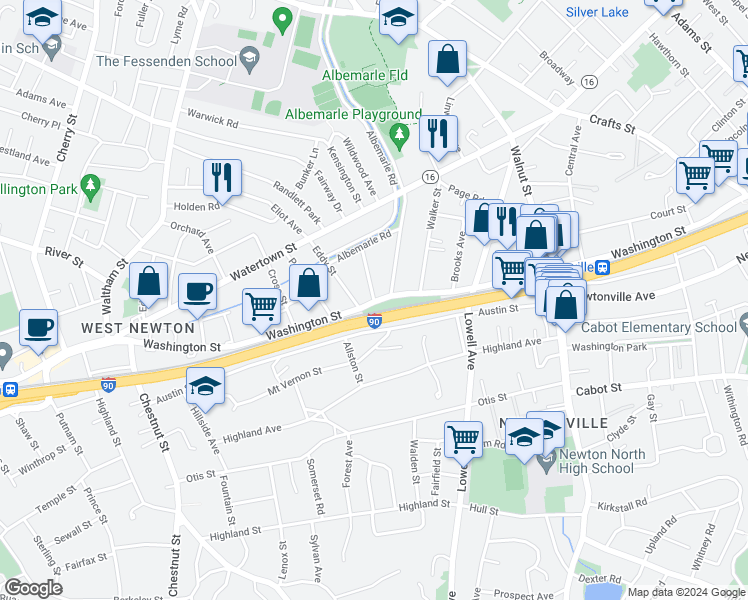 map of restaurants, bars, coffee shops, grocery stores, and more near 90 Harrington Street in Newton