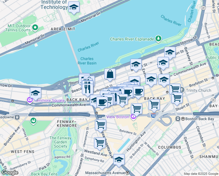 map of restaurants, bars, coffee shops, grocery stores, and more near 18 Hereford Street in Boston