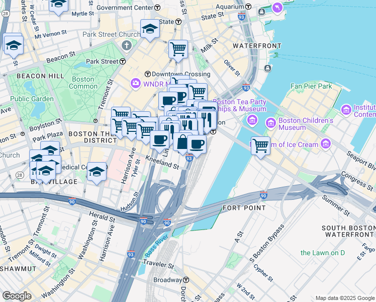 map of restaurants, bars, coffee shops, grocery stores, and more near 711 Atlantic Avenue in Boston