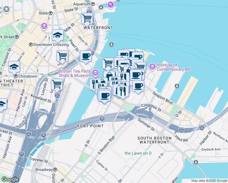 map of restaurants, bars, coffee shops, grocery stores, and more near 346 Congress Street in Boston